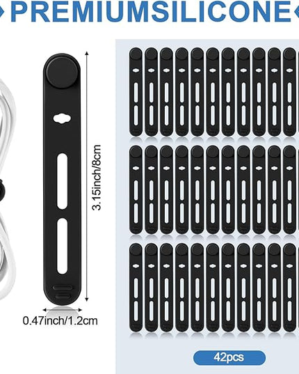 42 Pcs Silicone Cable Ties Reusable Cord Straps Multipurpose Elastic Cable Organizer for Bundling Fastening Earphone Phone Charger Home Office School(Black,3.15 Inch)