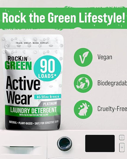 Rockin' Green Laundry Detergent, Plant based, All Natural Laundry Detergent Powder, Vegan and Biodegradable Odor Fighter, Safe for Sensitive Skin (Active Wear 90 Loads - AC/DSea Breeze)