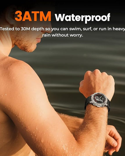WalkerFit Smart Watch for Men, 1.43" Round AMOLED, 5ATM Waterproof for Swim, Heart Rate & Sleep Monitor, Long Battery, Outdoor Activity Tracker, Voice Control&Bluetooth Call (Silver, Black Nylon)