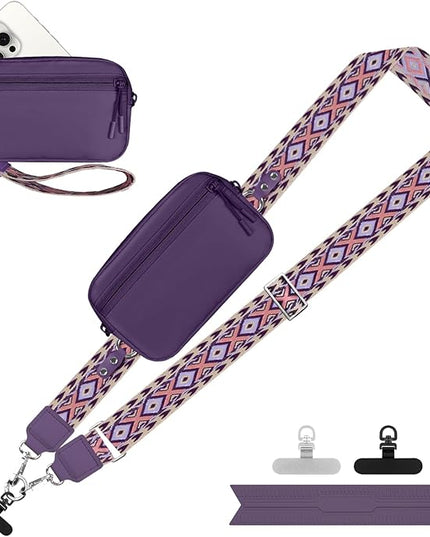 Clip and Go Strap for Phone with Wallet Crossbody, Adjustable Phone Lanyard with Detachable RFID Wristlet Wallet, Pattern Strap - Dark Purple (L)