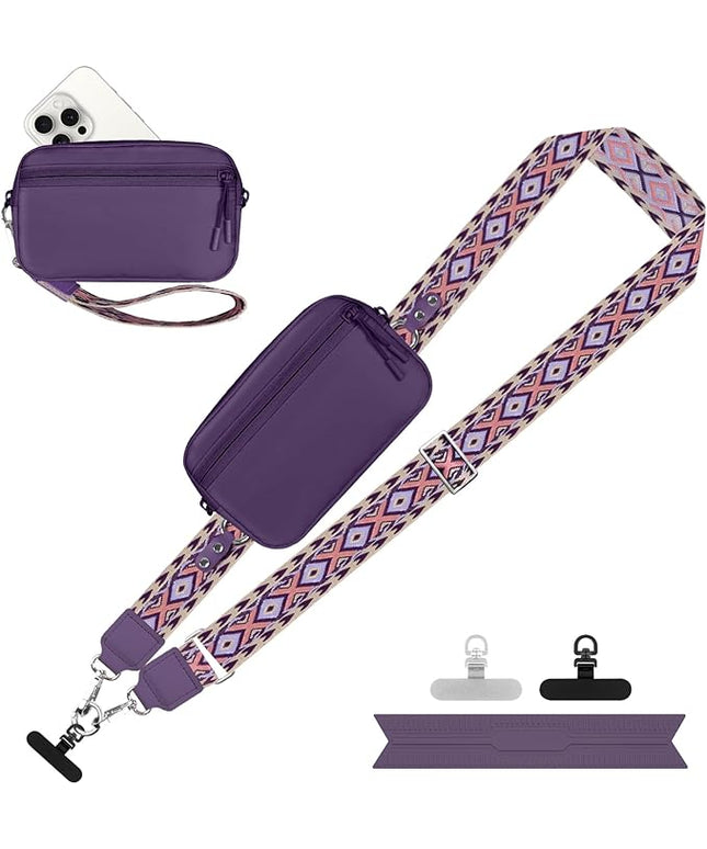 Clip and Go Strap for Phone with Wallet Crossbody, Adjustable Phone Lanyard with Detachable RFID Wristlet Wallet, Pattern Strap - Dark Purple (L)