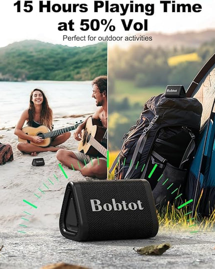 Bobtot Portable Bluetooth Speaker Wireless, IPX7 Small Shower Speaker Waterproof, 15H Playing Time, Loud and Stereo Sound with Bass, TWS Pairing for Party, Camping, Travel, Black
