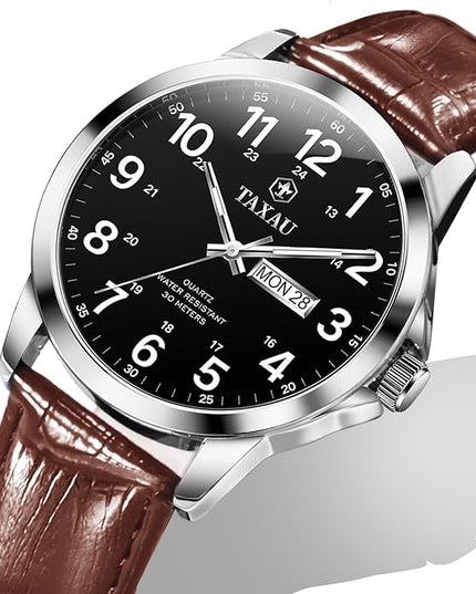 Men's Watches Leather Band Stainless Steel Quartz Analog Watch Luxury Waterproof Watches for Men Dress Men's Wrist Watch with Day Date Arabic Numeral Relojes para Hombre