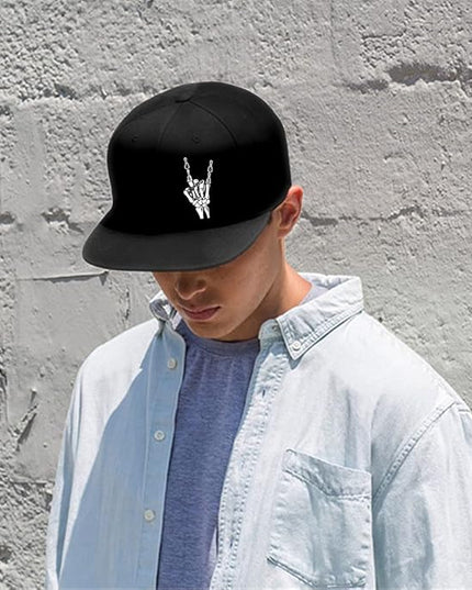 Skull Finger Flat Bill Hats for Men Black Mens Snapback Hat Baseball Cap Fitted Hat Rock N Roll Skeleton Hand Snap Backpack
