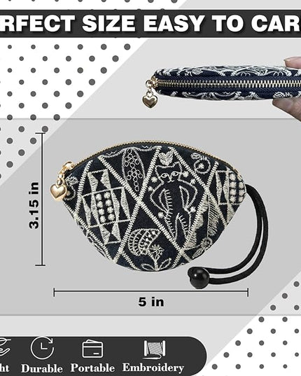 Embroidered Small Coin Purse for Women Girl,Vintage Cute Wallet Zipper Pouch,Handmade Aesthetic Oval Change Purse for Coins,Air-Tag,Small Jewelry Key with Pull-Out Key Ring