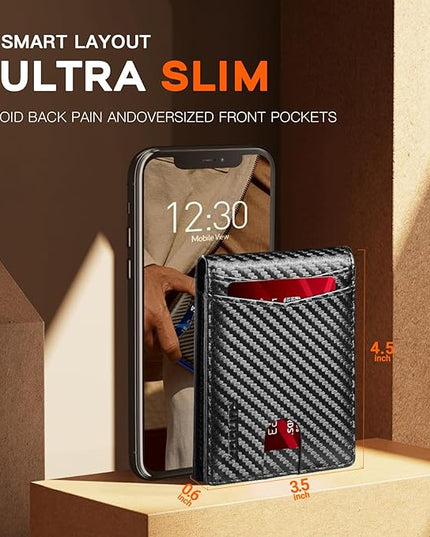 RUNBOX Wallet for Men Slim Leather Bifold RFID Blocking Minimalist Front Pocket Design with Gift Box