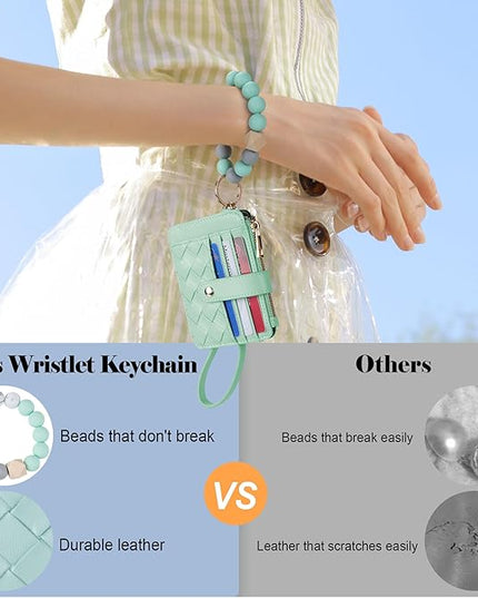 Keychain Wallet with Bracelet RFID Blocking Wristlet Credit Purse Card Holder, Silicone Bead Tassel Key Ring for Women