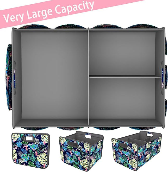 Homeve Trunk Organizer, Car Storage, Reinforced Handles, Collapsible Multi-Compartment, Foldable, Waterproof, Sturdy, 600D Oxford Polyester For Car, SUV, Mini-Van, Color Leaves, 2 Compart
