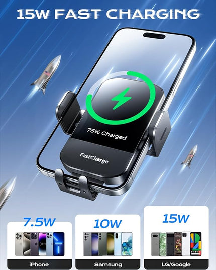 CHGeek Wireless Car Charger, 15W Fast Charging Auto Clamping Phone Holders for Your Car Phone Mount for Car fit for iPhone 17 16 15 14 13 12 Pro Max 11 XR XS, Samsung Galaxy S25 Ultra S24 S23, Black