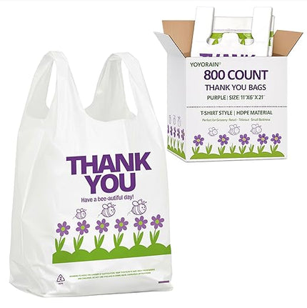 YoYoRain 800 Pack Purple T-Shirt Bags, 11"x6"x21" Plastic Carry Bags with Handles for Retail & Grocery Use
