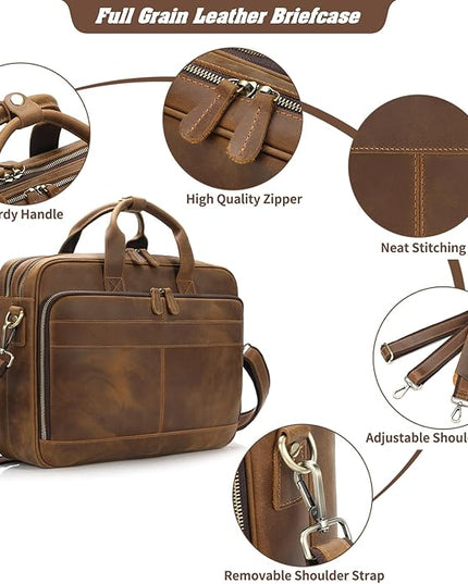Jack&Chris Full Grain Leather Briefcase for Men, Business Messenger Bag Laptop Bag Attache Case, Fits 15.6 Inch Laptop