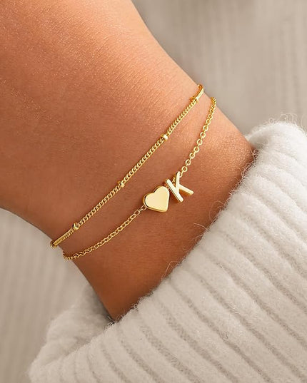 M MOOHAM Valentines Day Gifts for Kids Teen Girls -14K-Gold-Plated Heart Initial A-Z Bracelets for Women Girl Dainty Gold Bracelets Birthday Valentines Gifts for Women Her Teenage Girls Kid Teen Gift