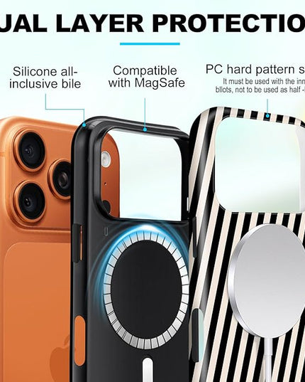 Magnetic for iPhone 17 Pro Case Cute Diagonal Stripes Phone Case, Shockproof Slim TPU and Hard PC Protective Phone Cover Compatible with MagSafe Designed for Women Girls,Black and White