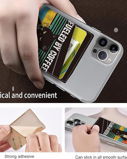 Phone Card Holder, Dual Pocket Leather Wallet Adhesive Stick On, Cute Credit Card Holder for Smartphones Case Compatible with Most Phone（Cat drinking coffee）