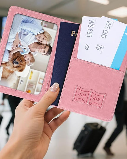 Passport Holder for Travel, RFID Blocking Passport Cover with Pen Holder Leather Passport Wallet Case Travel Must Haves Accessories Passport Book Card Holder for Family Travel Essentials Gifts, Pink