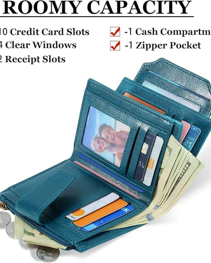 Airkit Small Wallet Women RFID Blocking Soft Leather Bifold Compact Card Holder Wallet for Women with Zipper Coin Pocket 4 ID Window