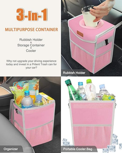 Car Trash Can with Lid, Cute Leakproof Car Trash Garbage Bag Hanging Vehicle Trash Bin Small Portable Automotive Garbage Cans Organizer for Back/Front Seat(Trapezoid,Pink