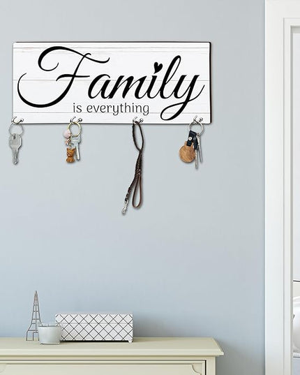 MBYHP Wooden Key Holder with 4 Hooks - Family is Everything Decorative Key Organizer for Wall - Home Office Kitchen Hallway Entryway Wall Decor for Keys, Dog Leash Hanging - A06