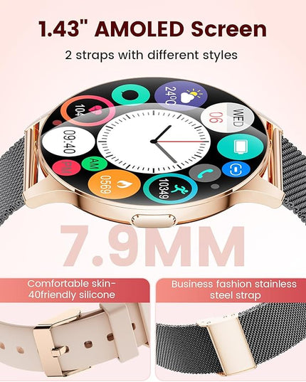 LIGE Smart Watch for Women, 1.43" AMOLED Screen Smartwatch with Answer/Make Call for iPhone/Android/Samsung,Fitness Tracker with 120+ Sport Modes,Health Monitor, IP68 Waterproof,2 Bands,Black Gold