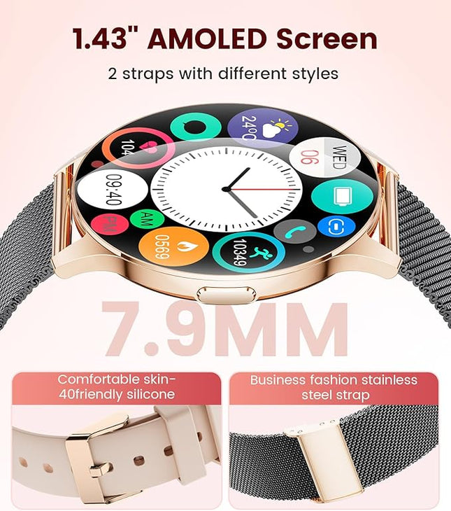 LIGE Smart Watch for Women, 1.43" AMOLED Screen Smartwatch with Answer/Make Call for iPhone/Android/Samsung,Fitness Tracker with 120+ Sport Modes,Health Monitor, IP68 Waterproof,2 Bands,Black Gold