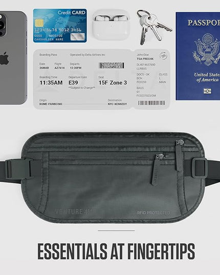VENTURE 4TH Money Belt for Travel – Hidden Under-Clothes RFID Blocking Passport Holder & Slim Travel Wallet Pouch for Men & Women to Protect Cash, Cards & Documents (Sleek Gray)