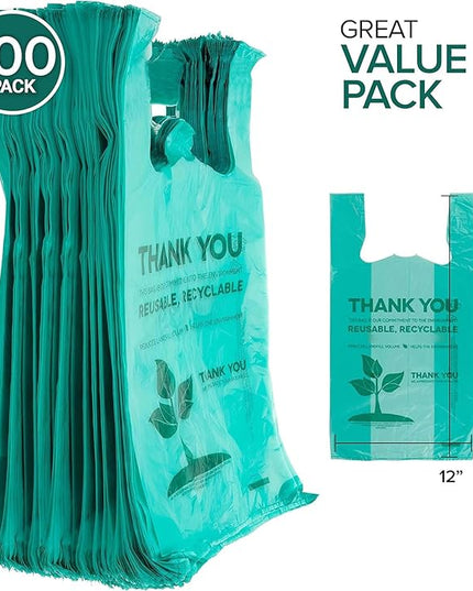 Stock Your Home Eco Grocery Bags Disposable T-Shirt Thank You Bag with Handles for Supermarket, Groceries, Produce, Shopping