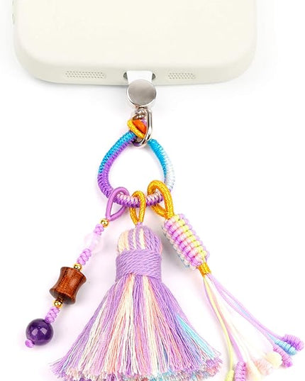 Boho Phone Charm with Tassel, Handmade Macrame Woven Phone Accessory, Cute Aesthetic Crystal & Wood Beaded Pendant Decoration for Cellphone, Bag, Keys