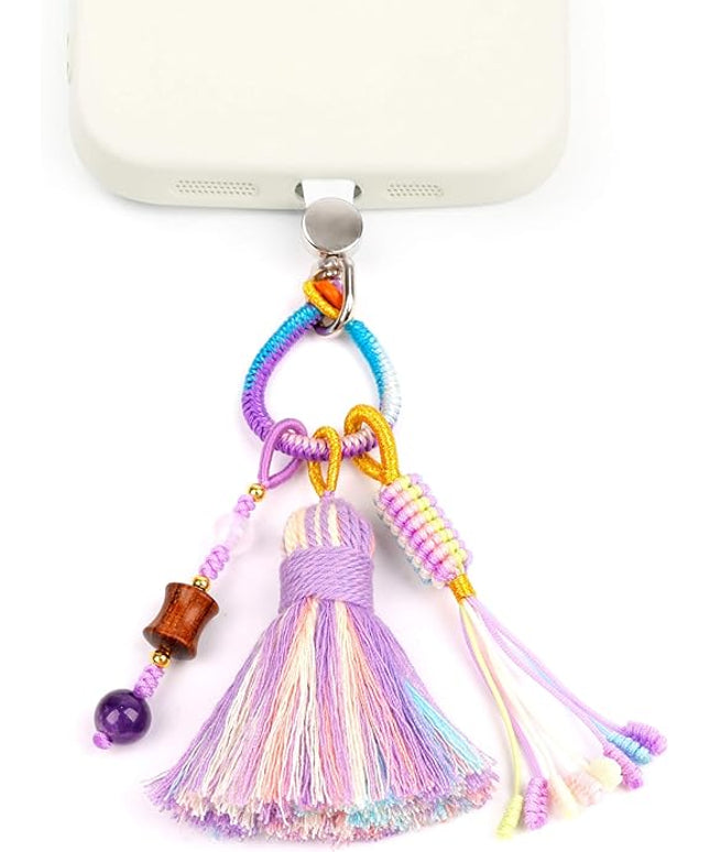 Boho Phone Charm with Tassel, Handmade Macrame Woven Phone Accessory, Cute Aesthetic Crystal & Wood Beaded Pendant Decoration for Cellphone, Bag, Keys