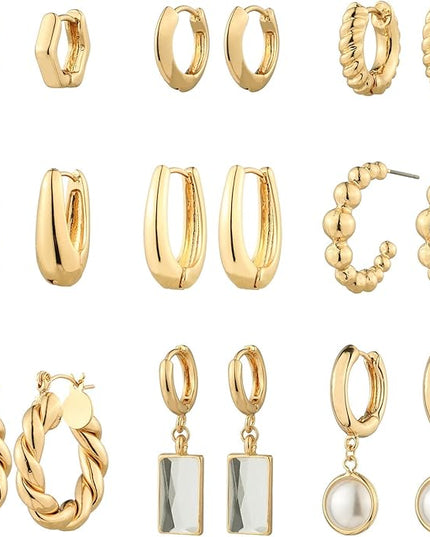 9 Pairs Gold Chunky Hoop Earrings Set for Women, 14K Gold Plated Twisted Huggie Hoop Earring Hypoallergenic, Lightweight Thick Open Hoops Earrings Jewelry Gifts.