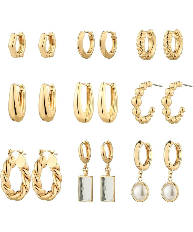 9 Pairs Gold Chunky Hoop Earrings Set for Women, 14K Gold Plated Twisted Huggie Hoop Earring Hypoallergenic, Lightweight Thick Open Hoops Earrings Jewelry Gifts.