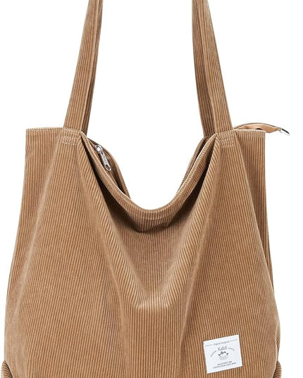 KALIDI Women Corduroy Tote Bag Zipper Casual Tote's Handbag Big Capacity Shoulder Bag with Pockets