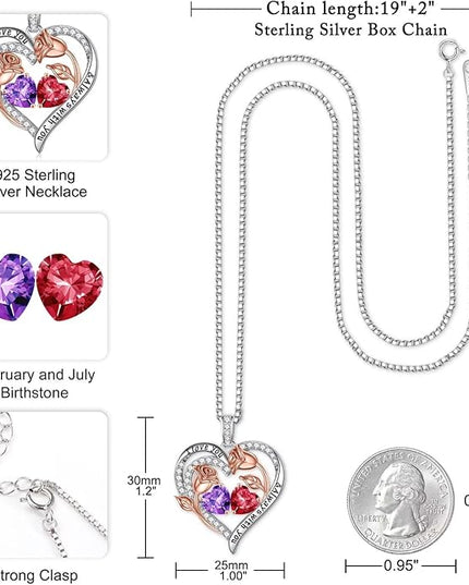 Iefil Christmas Gifts for Women Wife - 925 Sterling Silver Rose Heart Birthstone Necklace Birthday Anniversary Jewelry Gifts for Her Wife Mom Daughter