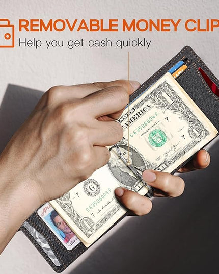 RUNBOX Slim Wallet for Men Genuine Leather RFID Blocking Bifold Minimalist Front Pocket Mens Wallet with Money Clip Thin Gift Box