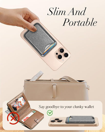 Shorogyt Compatible with Magsafe Wallet Magnetic Card Holder - Glitter Grey Phone Wallets for Women Teen Girls Fashion for iPhone 17/16/15/14/13/12 Series Slim for Apple Mag RFID Magnet, Fit 3 Cards