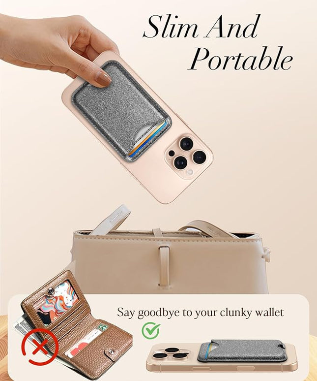 Shorogyt Compatible with Magsafe Wallet Magnetic Card Holder - Glitter Grey Phone Wallets for Women Teen Girls Fashion for iPhone 17/16/15/14/13/12 Series Slim for Apple Mag RFID Magnet, Fit 3 Cards
