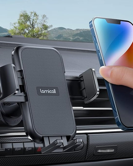 Lamicall 2026 Wider Clamp & Metal Hook Car Phone Holder Vent [Thick Cases Friendly] Phone Holders for Your Car Mount Automobile Hands Free Cradle Air Vent for iPhone 17 16 15 Pro Max Dark Grey