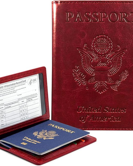Passport Holder Cover Wallet Case RFID Blocking Leather Card Slot Travel Accessories Documents Organizer Protector for Women Men, Wine Red
