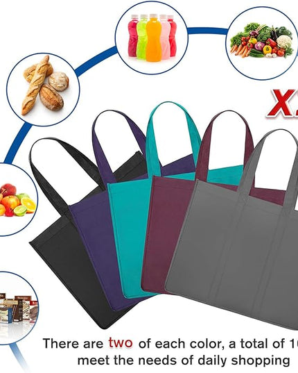 WISELIFE Reusable Grocery Shopping Bags 10 Pack Large Foldable Tote Bags Bulk, Long Handle for Shopping Groceries Clothes (New 5 Colors)