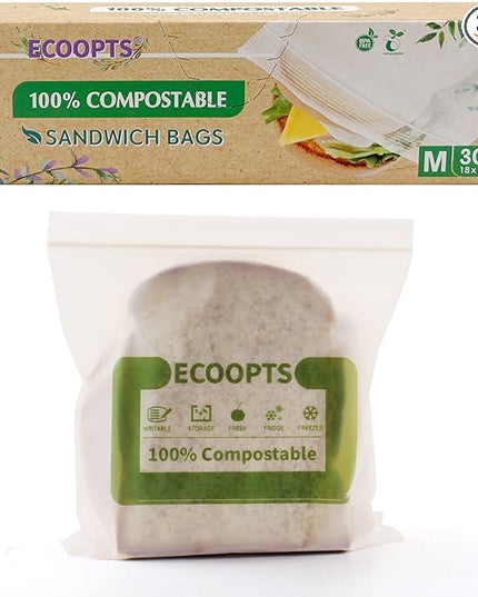 100% Compostable Sandwich Zip Bag | ECO-Friendly Food Storage Bags | Freezer Bag | Plant-Based BPA-free | Seal well for Fruit,Food and Snack (1, Medium)