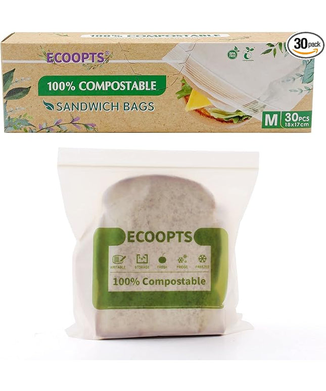100% Compostable Sandwich Zip Bag | ECO-Friendly Food Storage Bags | Freezer Bag | Plant-Based BPA-free | Seal well for Fruit,Food and Snack (1, Medium)