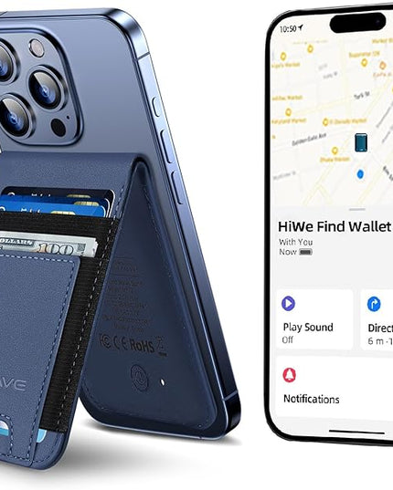 HiWe for MagSafe Wallet Stand with Find My, Anti-Lost Strongest Magnetic Wallet for iPhone 17/16/15/14/13/12 Series, 9 Cards Holder, Leather RFID, Navy Blue
