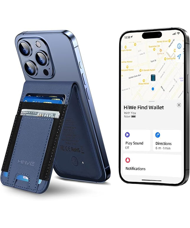 HiWe for MagSafe Wallet Stand with Find My, Anti-Lost Strongest Magnetic Wallet for iPhone 17/16/15/14/13/12 Series, 9 Cards Holder, Leather RFID, Navy Blue