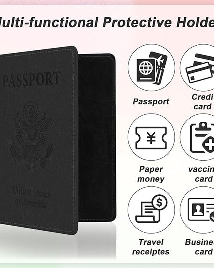 Black and Rose Gold Passport Holder, 2 PCS Passport Holder for Travel, Travel Passport Holders Must Haves for Women Men, Passport Cover Passport Wallet Case Holders for Travels Cruise Ship Essentials