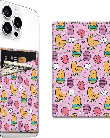 Phone Card Holder, Dual Pocket Leather Wallet Adhesive Stick On, Cute Credit Card Holder for Smartphones Case Compatible with Most Phone（Cute chick）