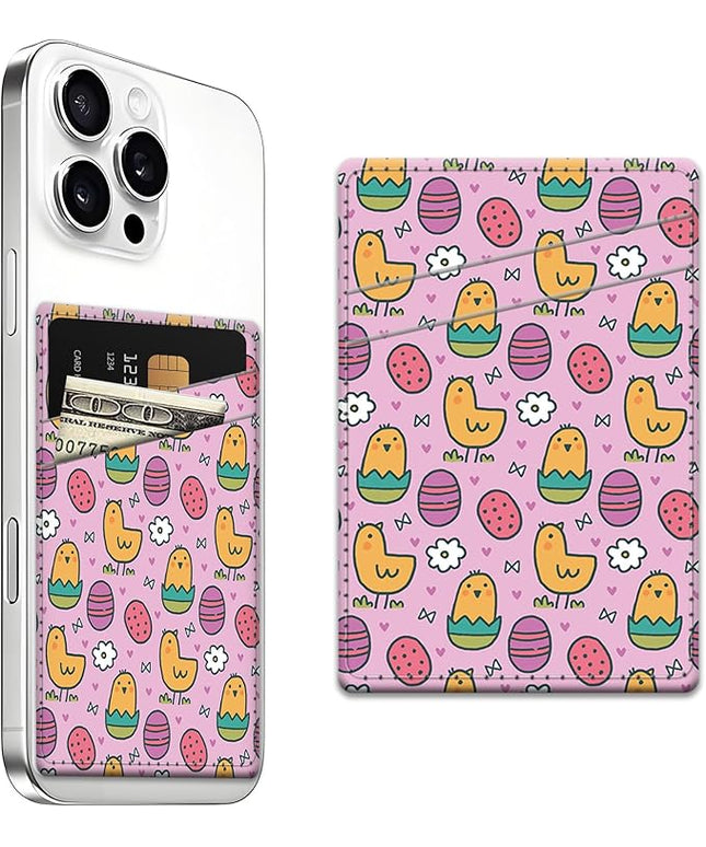 Phone Card Holder, Dual Pocket Leather Wallet Adhesive Stick On, Cute Credit Card Holder for Smartphones Case Compatible with Most Phone（Cute chick）