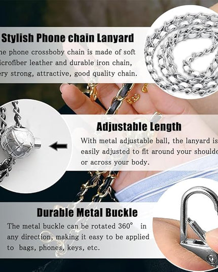 Cell Phone Lanyard Phone Crossbody Chain, Adjustable Cellphone Straps,Leather+Metal Shoulder Strap Chain with Phone Tether Patches Compatible with Most Phones Bag Purse