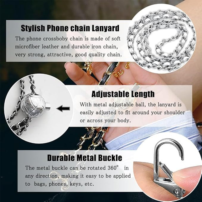 Cell Phone Lanyard Phone Crossbody Chain, Adjustable Cellphone Straps,Leather+Metal Shoulder Strap Chain with Phone Tether Patches Compatible with Most Phones Bag Purse