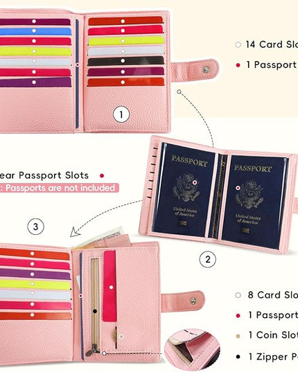 FuninCrea Family Passport Holder for 4 with 22 Card Slots, Faux Leather Passport Holder for Travel Multifunctional Portable Travel Wallet Womens (Pink)