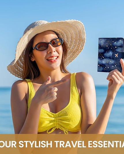 Passport Holder for Travel Essentials, RFID Blocking Leather Cover Wallet with Magnetic Closure, Aesthetic & Cute Passport Book Case for Women and Men - Star