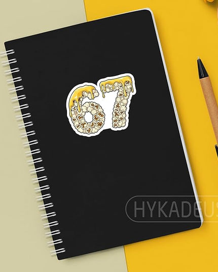 (3Pcs) 67 Popcorn Dripping Meme Stickers Funny Six Seven Gen Alpha Slang 6 7 Numbers Vinyl Decals Waterproof for Laptop, Water Bottle, Tumbler, Scrapbooking, 3" x 2.2"